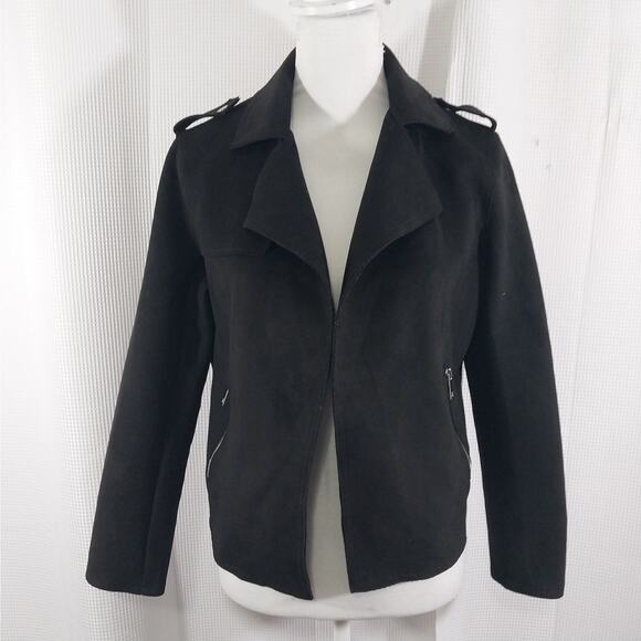 NWOT! TAHARI! RICH BLACK FAUX SUEDE ZIP POCKET, EPAULETTE SHOULDER JACKET! SZ S - Picture 2 of 12